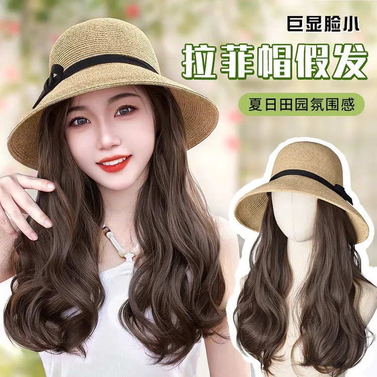 /编织拉菲一体遮阳防晒挑染羊毛卷度假渔夫帽真人真发假发全头套