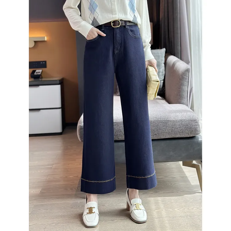 左左家 四面弹~撞色明线刺绣高腰显瘦直筒牛仔裤小个子休闲九分裤