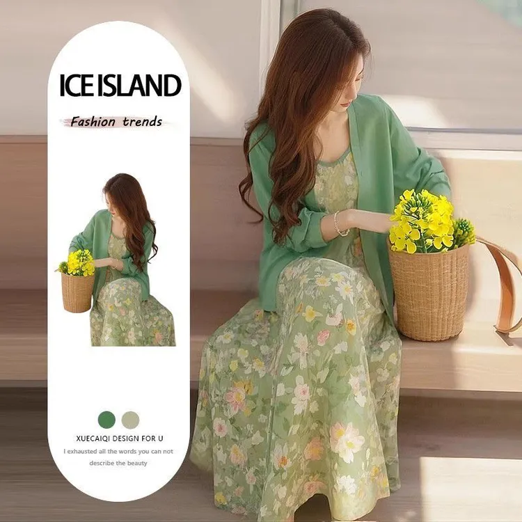 春季穿搭一整套2025新款洋气针织开衫女搭配清新碎花连衣裙两件套