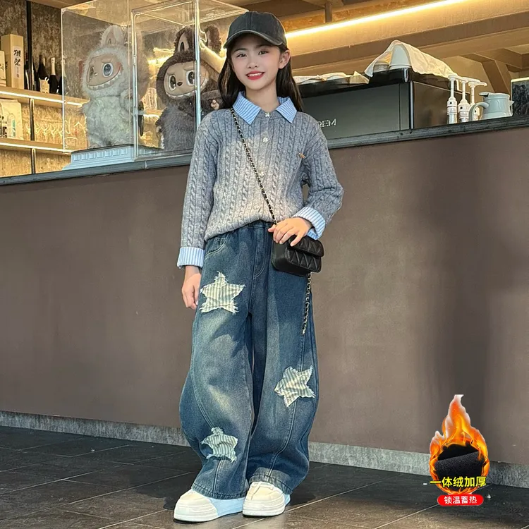 女童冬季新款学院风甜酷加绒毛衣兔耳朵加绒牛仔裤两件套