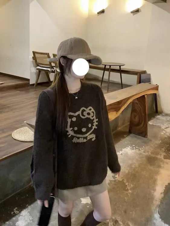 【西西专属】植绒绣花圆领宽松毛衣冬季Kitty猫提花设计慵懒风针织衫XJ25129