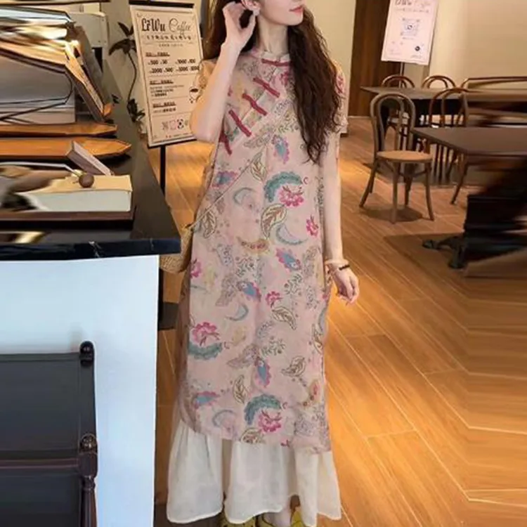复古显瘦女装印花连衣裙女2025夏季爆款宽松中长款碎花旗袍女裙子