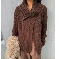 【逸语服饰】2025冬季厚款复古麻花翻领毛衣女慵懒感针织开衫外套女