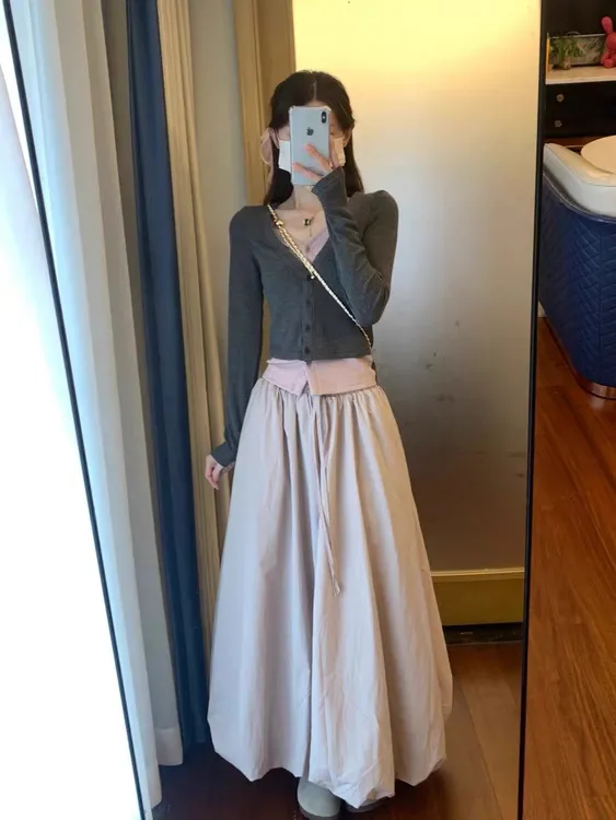 春季甜辣假两件针织衫上衣配花苞半身裙女款套装