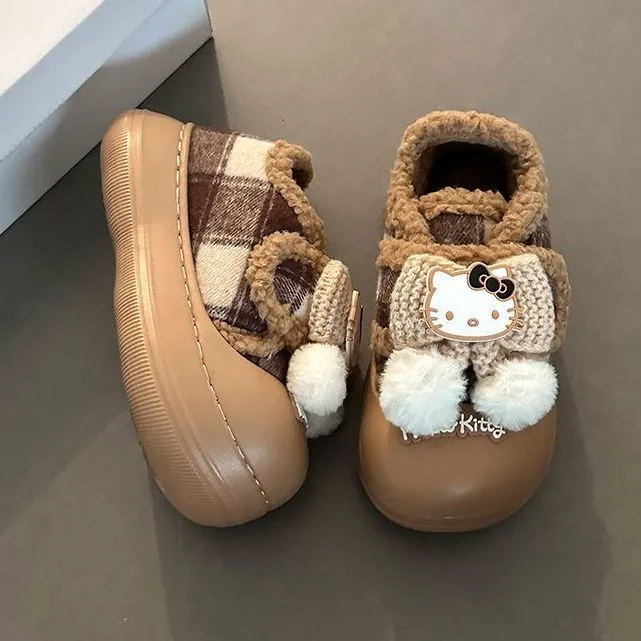 时尚百搭可爱卡通kt猫厚底雪地靴女2025秋冬新款毛茸茸毛球毛毛鞋