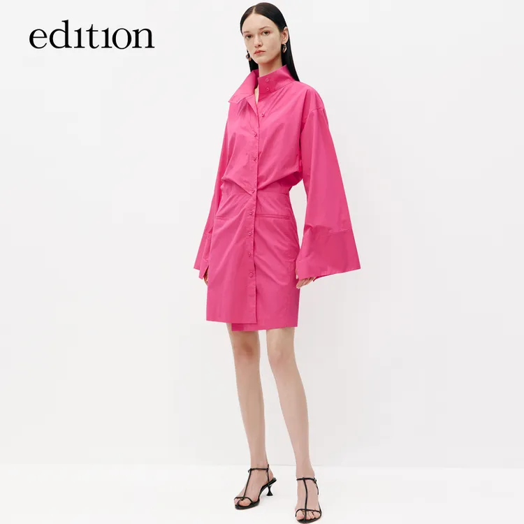 【商场同款】edition玫红色宽袖收腰衬衫裙#EBC3DRS041