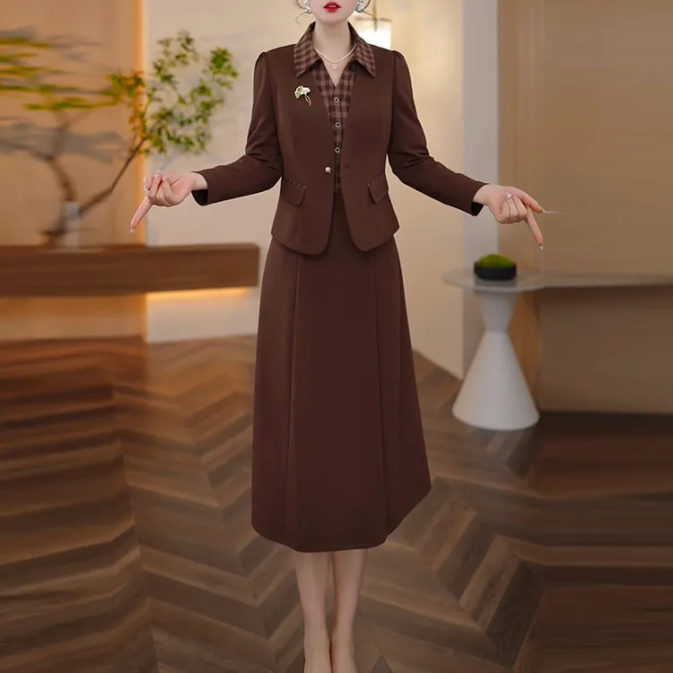 格纹拼接衬衫领连衣裙两件套女秋季2025新款减龄长袖西服套装裙潮