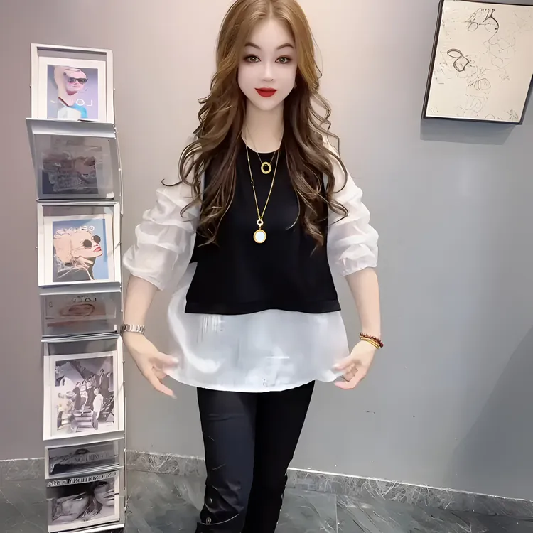 2025夏季新款韩版设计感百搭洋气显瘦拼色假两件圆领灯笼袖小衫