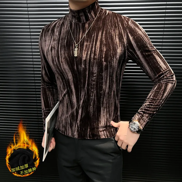 加绒加厚半高领长袖T恤男士2025冬季新款金丝绒高级感修身打底衫