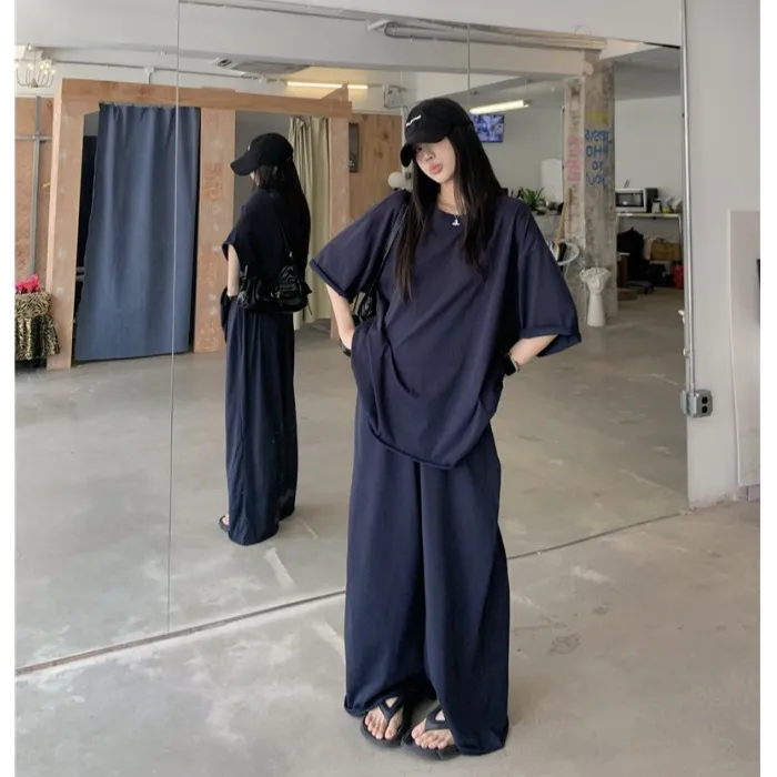 松弛慵懒风套装藏青色宽松短袖T恤上衣女夏季休闲裤阔腿裤两件套