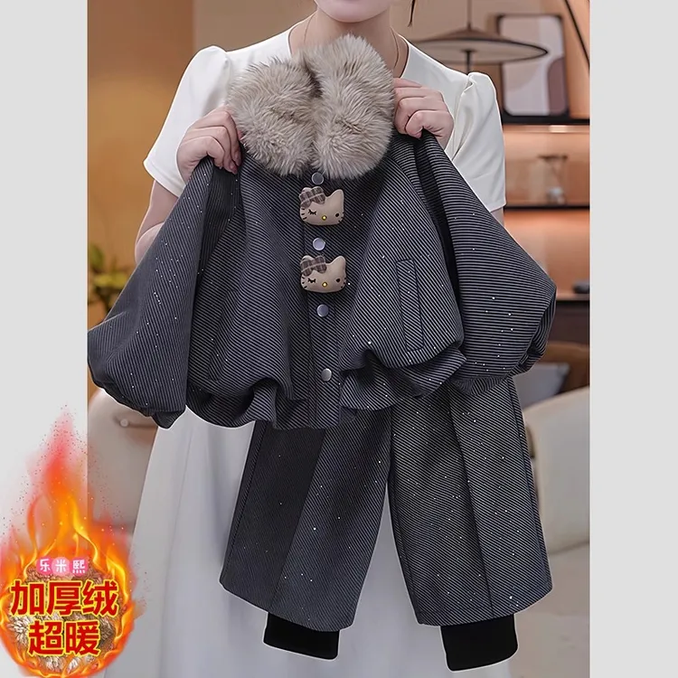 女童小香风呢子加绒套装2025新款秋冬款毛领加厚外套假两件阔腿裤