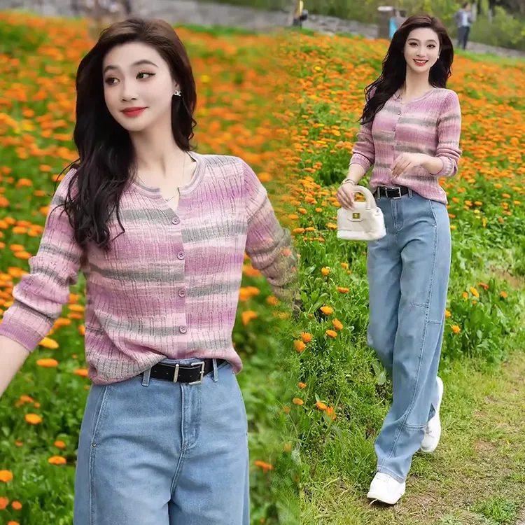 春季女装衬衫女毛衣毛针织衫薄款秋季百搭彩虹条纹夏季长袖2025潮