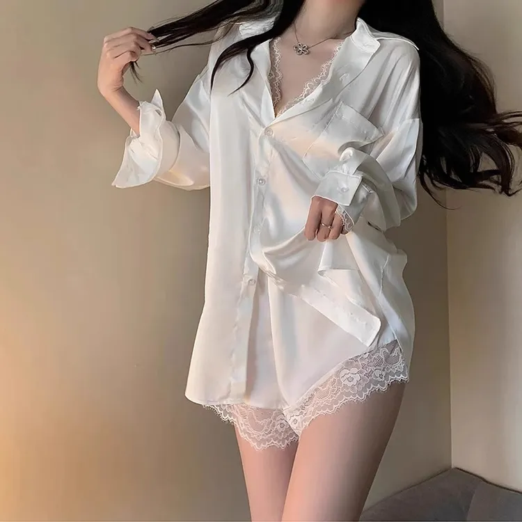 雪缦纯欲风蕾丝性感长袖白衬衫夏季睡衣短裤宽松薄款法式家居套装