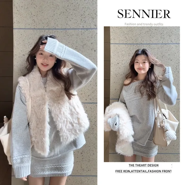 秋冬温柔系穿搭女2025新款洋气斜肩针织衫百搭马甲显瘦短裙三件套