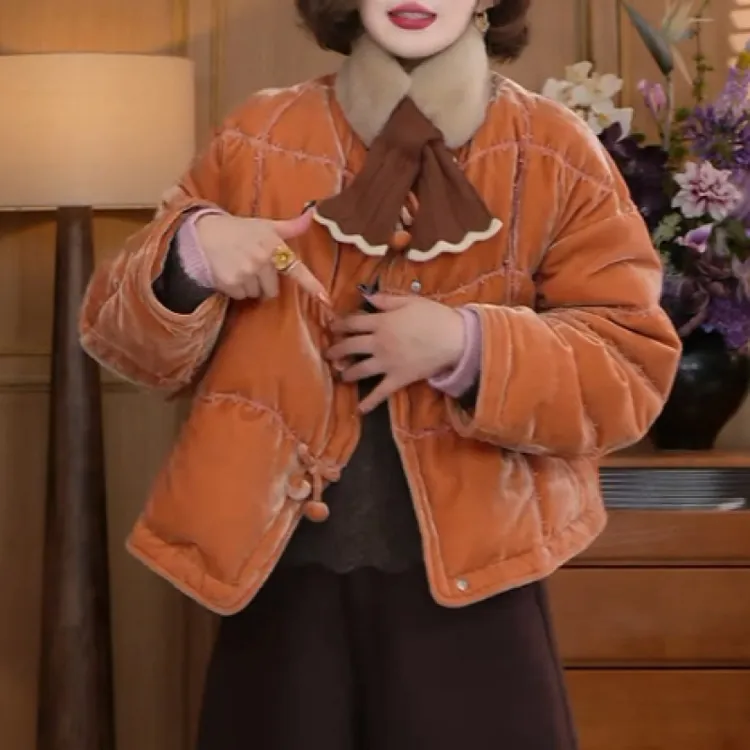 老钱风不规则圆领丝绒棉衣加厚棉服女短外套保暖宽松冬季新款爆款