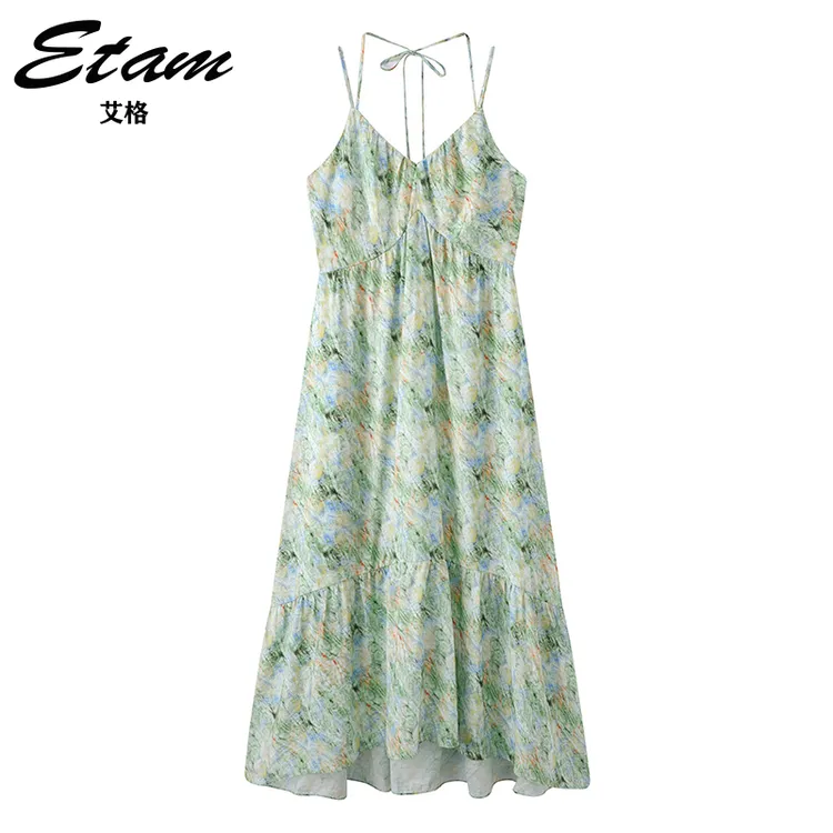 Etam/艾格法式油画风印花V领吊带裙2025夏季新款A字海滨连衣裙女