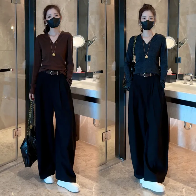 【V领气质】轻奢时尚百搭修身弹力上衣+百搭高腰显瘦休闲阔腿裤套装