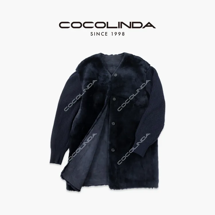 COCOLINDA | 100%羊毛皮加厚廓形拼接中长款皮毛大衣F5498