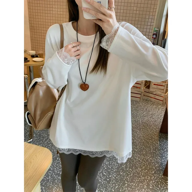 孕妇大码蕾丝打底长袖气质网红时尚百搭镂空宽松洋气韩版纯色上衣