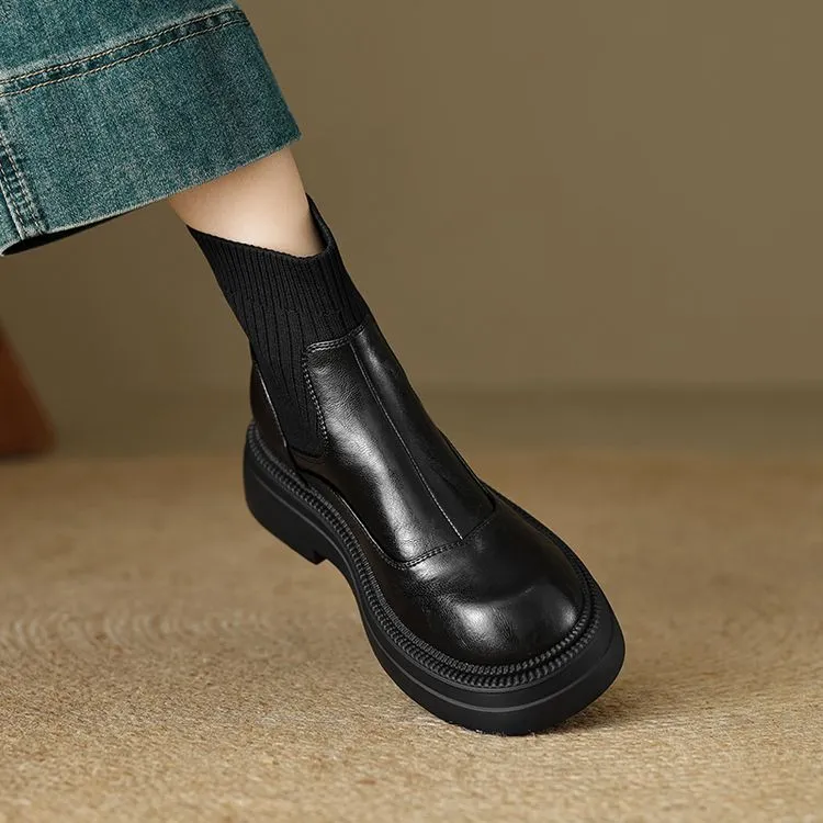 2024爆款厚底瘦瘦靴圆头粗跟时尚百搭全皮切尔西秋冬英伦风