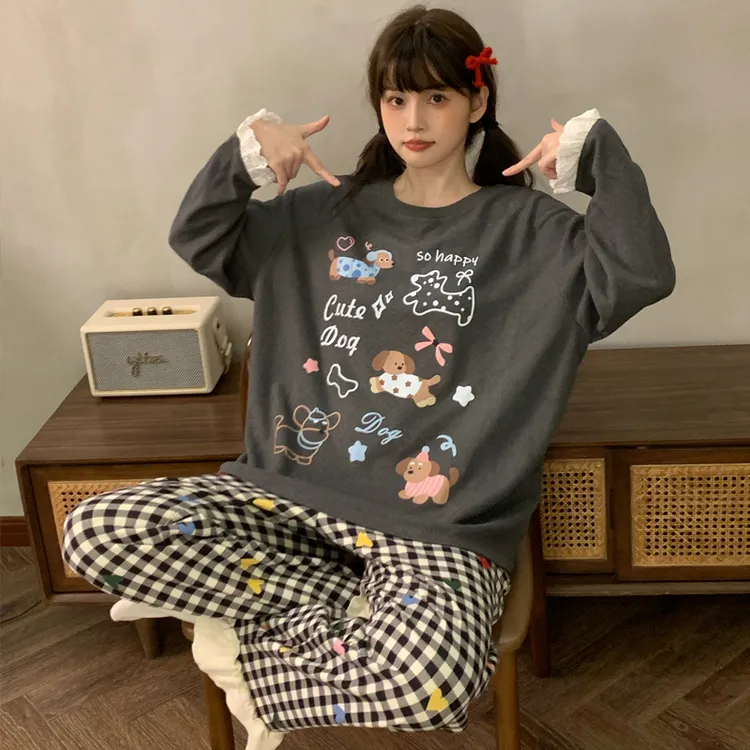 春秋款保暖德绒睡衣女圆领套头长袖蕾丝花边卡通套装家居服甜美in