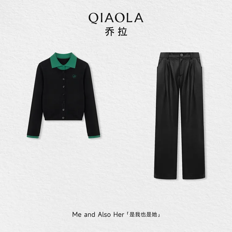 QIAOLA/乔拉【精灵学院】秋冬绵羊毛假两件撞色刺绣上衣直筒长裤
