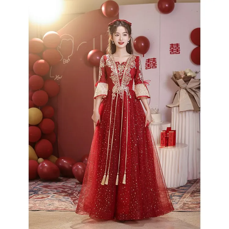 大码敬酒服新娘2025新款春季高级感中式长袖嫁衣结婚礼服女秀禾服