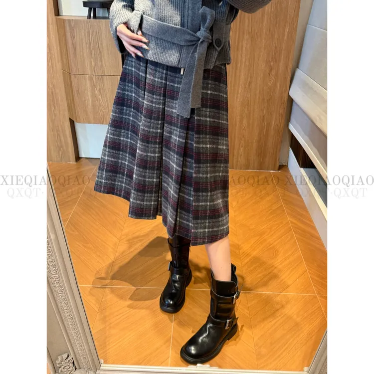 谢荞荞「里昂序章」羊毛秋冬新款撞色格子百褶设计配腰带A字半身裙