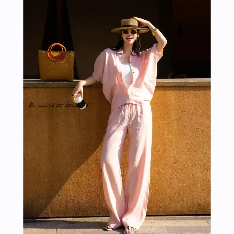 ZEROYK夏季时尚套装2025新款大牌气质100亚麻短袖上衣裤子两件套