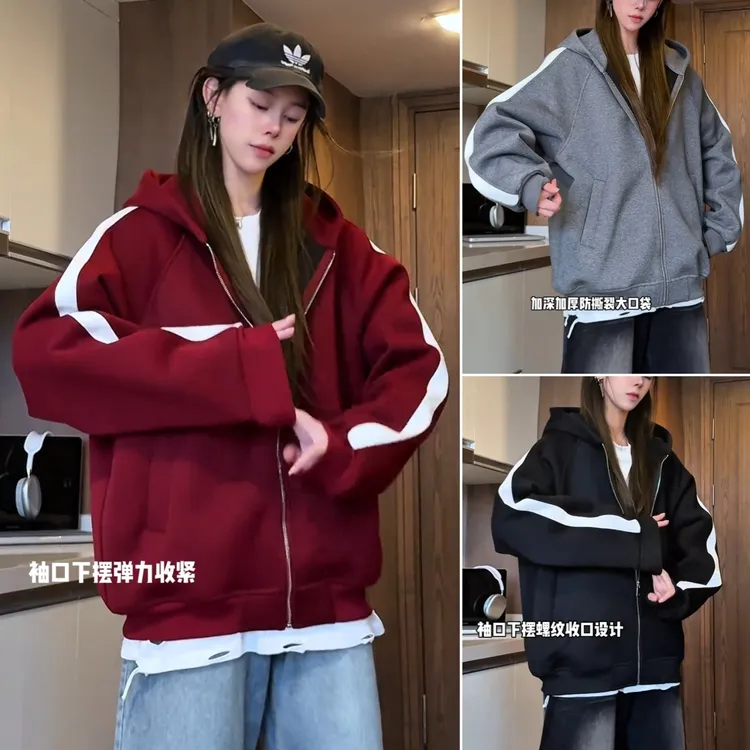 三七-秋季美式重磅ins连帽卫衣男女青年百搭休闲拼接运动开衫外套