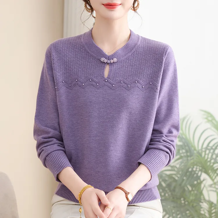 妈妈装秋季新款国风针织衫长袖上衣中老年女装百搭时尚纯色毛衣