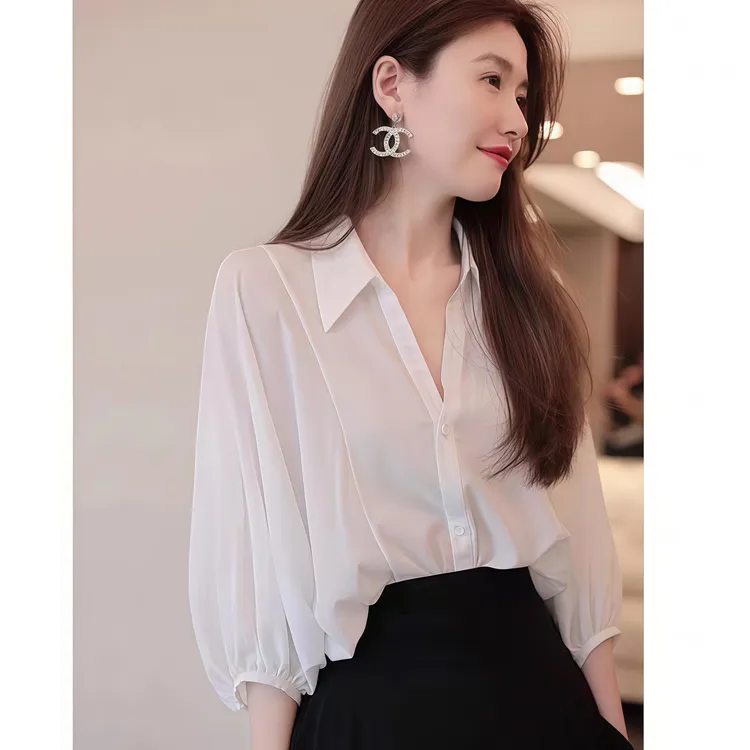 高级法式小香风衬衫2025夏秋薄款白色设计感宽松七分袖气质女衬衣