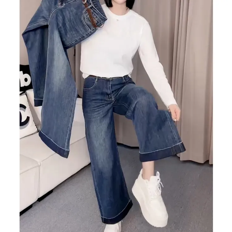 2025秋季新款复古显瘦直筒牛仔裤大码高腰弹力时尚百搭九分阔腿裤