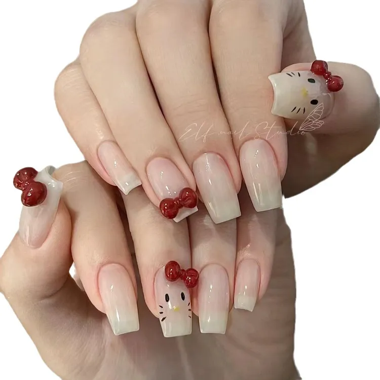 纯手工网红爆款kitty猫凯迪酒红蝴蝶结美甲手绘可爱捏捏卡通