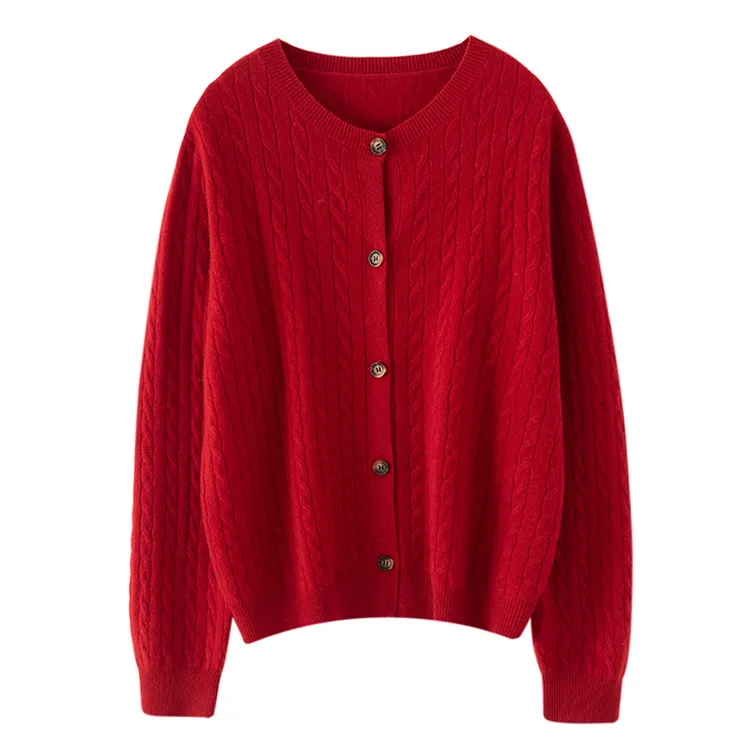 CM100%山羊绒绞花羊绒开衫圆领秋冬新款针织衫新年红