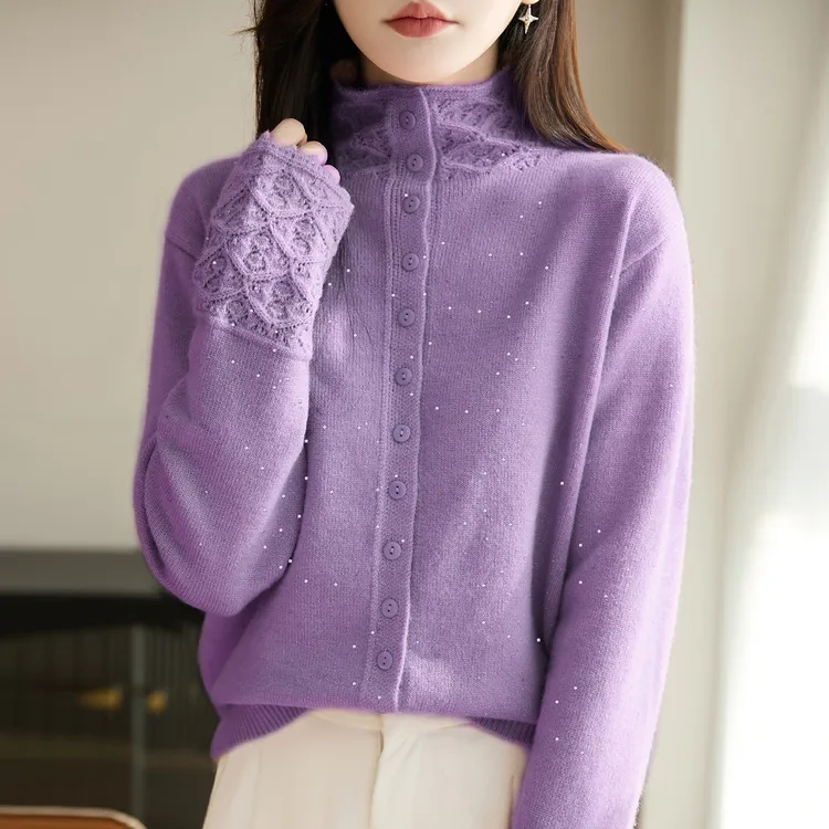 胖mm秋冬大码半高领女士毛衣蕾丝花边上衣内搭可外穿针织打底开衫