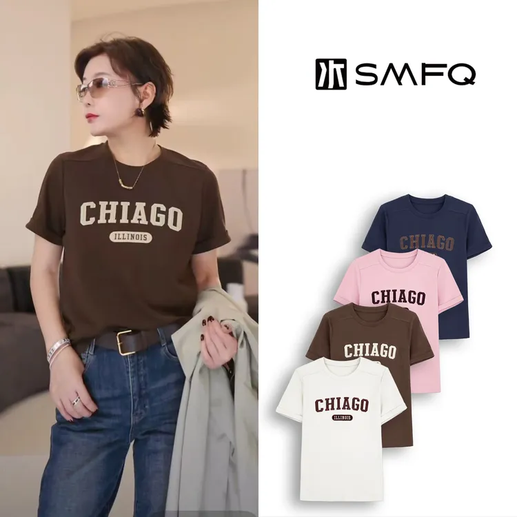 水木夫妻” 芝加哥“字母刺绣显瘦百搭圆领T恤上衣