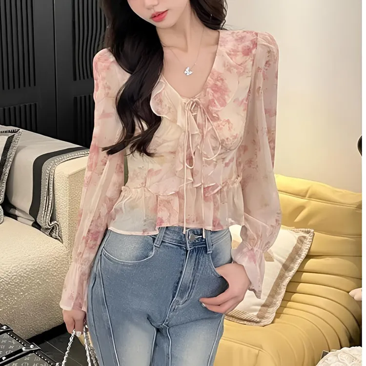 法式甜美新款收腰洋气减龄长袖雪纺上衣气质碎花显瘦衫小衫碎花女