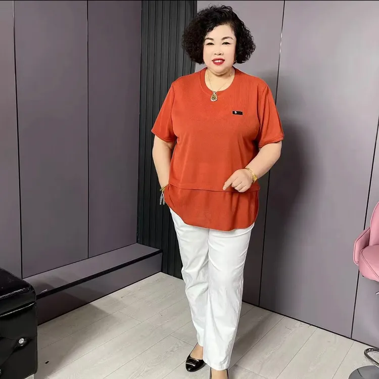 208#夏季休闲百搭大码宽松显瘦圆领曲珠针织短袖纯色时尚简约T恤