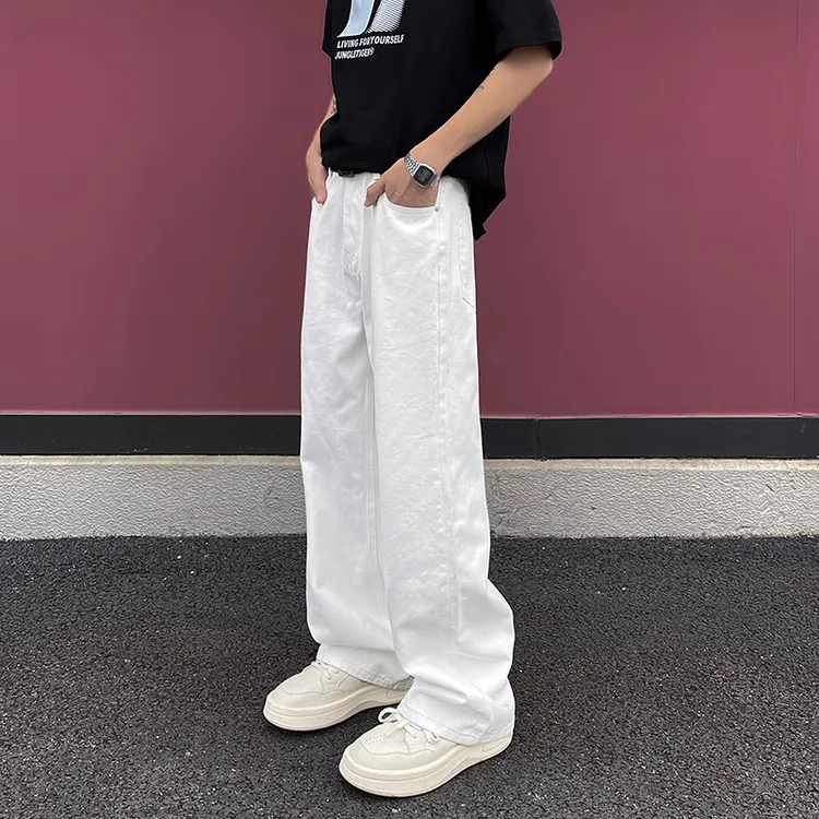 2025年秋季新款牛仔裤男士高腰阔腿裤宽松百搭显瘦潮裤子白色