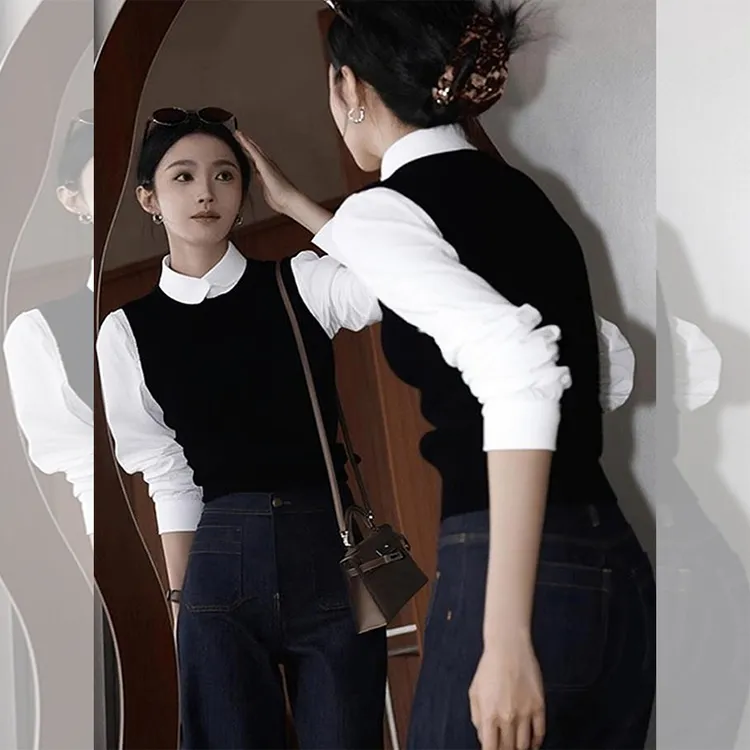 法式气质黑色假两件长袖针织衫2025秋季新款小众不撞款超好看上衣