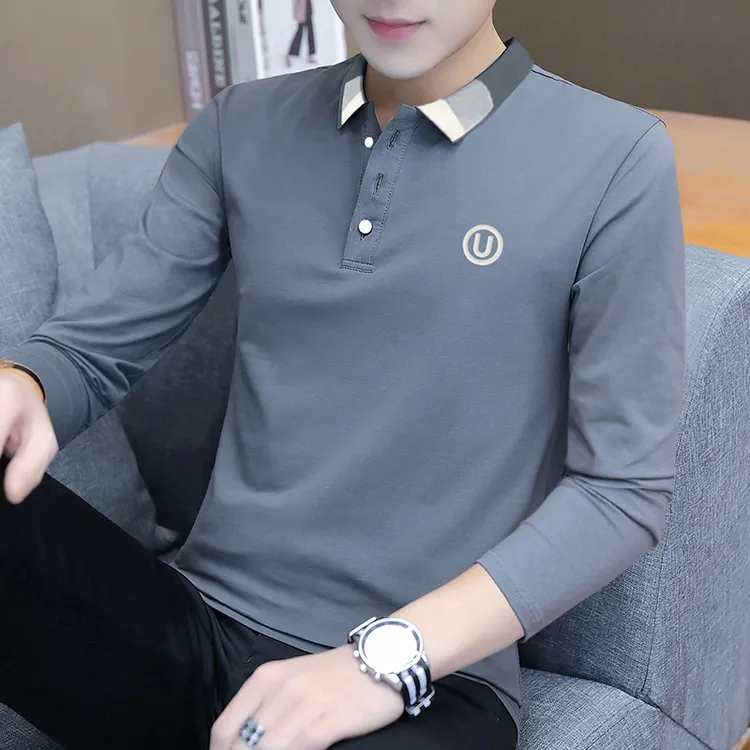高品质95棉男士翻领POLO衫潮流百搭长袖T恤男休闲秋衣内搭打底衫