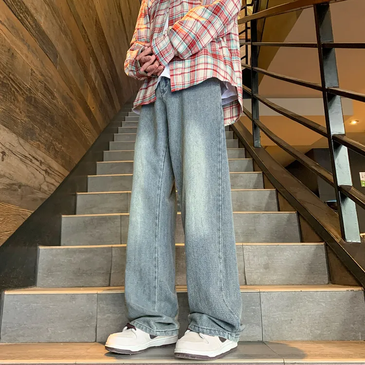 NK805美式复古人字纹半松紧潮流百搭直筒高街软牛仔长裤男生春秋