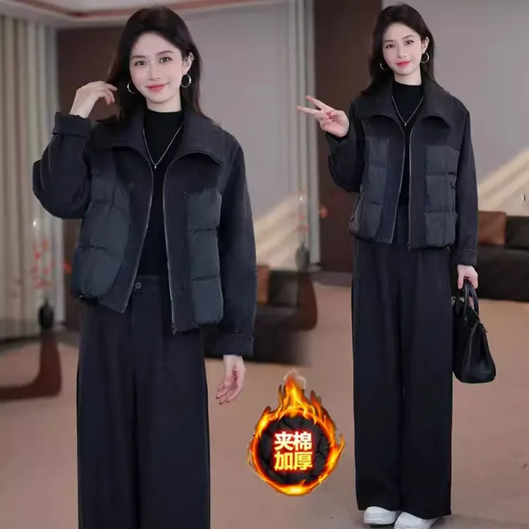 时尚套装女2025冬季新款时髦洋气毛呢拼接棉衣外套阔腿裤两件套潮