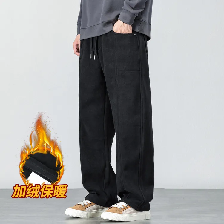 秋冬季加绒加厚保暖休闲裤男简约宽松直筒卫裤松紧腰抽绳运动裤子