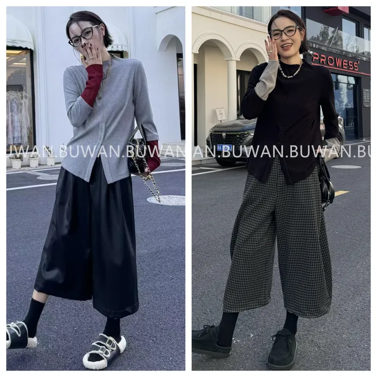 BUWAN【守约】秋季小众手袖撞色前开叉设计宽松坑条针织衫7652