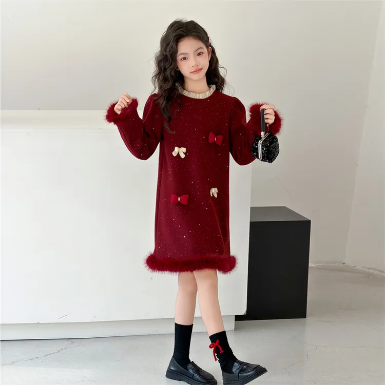 女童加绒连衣裙2025冬季长袖红色中大童洋气喜庆高端女孩拜年裙子