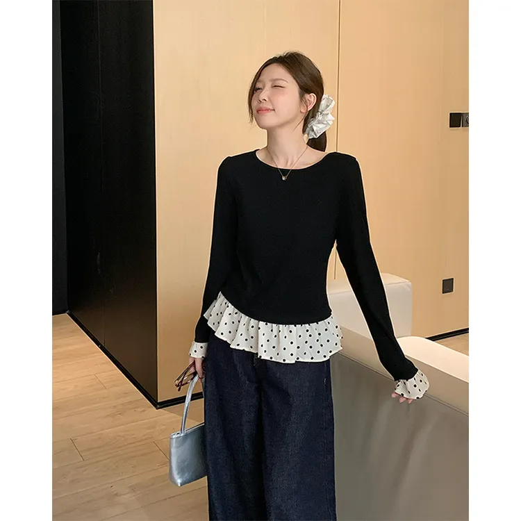 大码法式波点荷叶边长袖T恤女春季微胖妹妹洋气减龄显瘦打底上衣