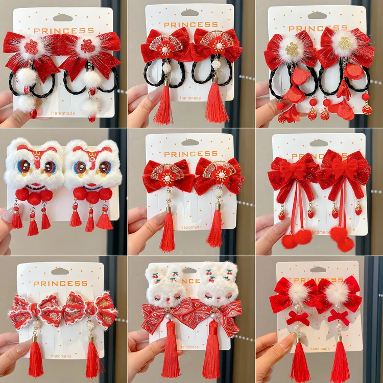 新年头饰儿童过年发夹女童古风红色发饰女孩假发流苏发卡宝宝夹子