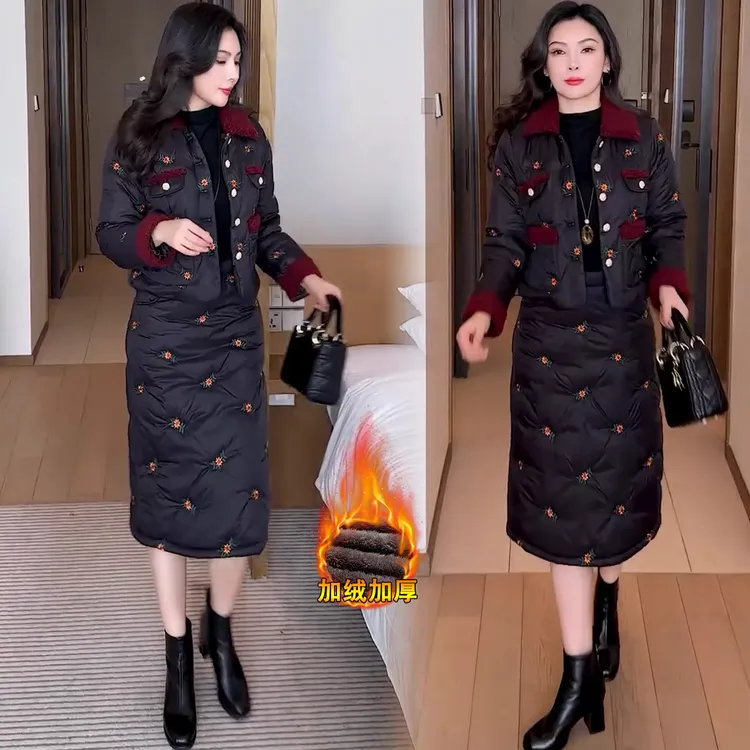 时尚加绒加厚连衣裙套装女2025冬季新款洋气刺绣外套连衣裙两件套